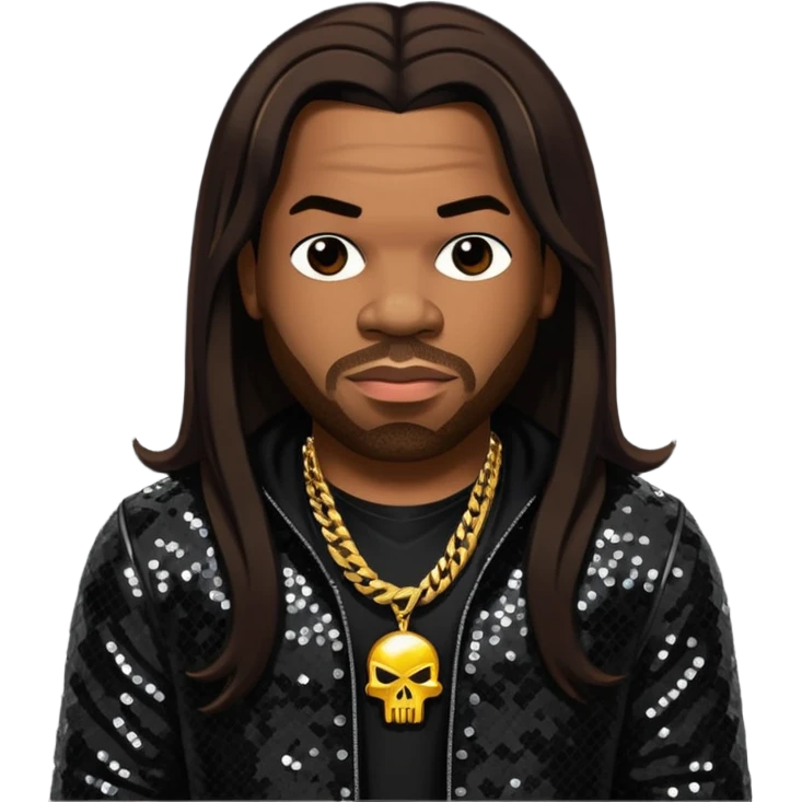 Busta Rhymes with long dark brown hair, black sequin outfit emoji