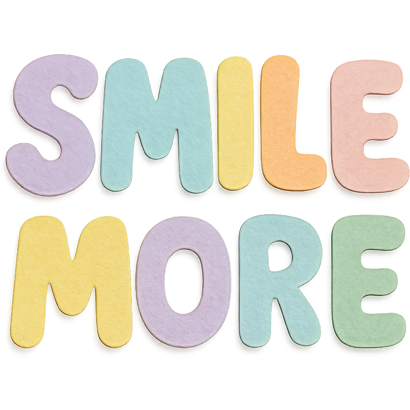 Soft pastel rainbow puffy lettering for "Smile More", cute bubble font, no frame, isolated for stickers, transparent background emoji
