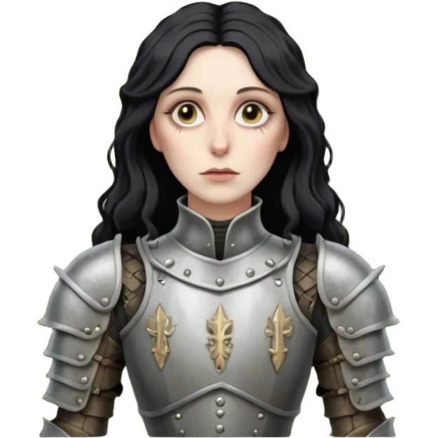 realistic cinematic actress Cher in Victorian styling like Joan of Arc dirty damaged armor in a forest emoji