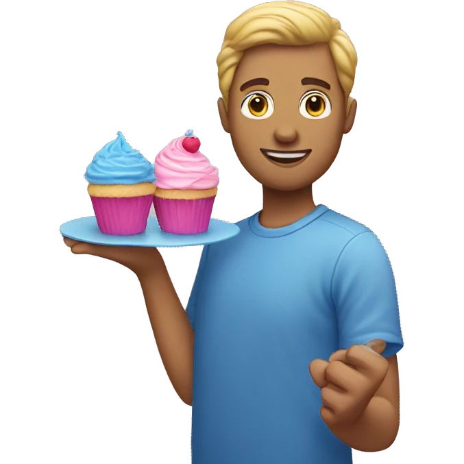 a white man with a pink cupcake and a blue cupcake in his hands emoji