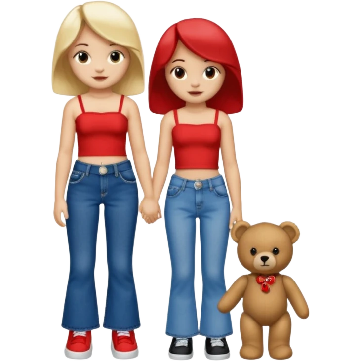 A boy and a girl teddy bear for the boy bear put on true religion shirt and jeans with black shoes and for the girl put flare jeans and a red tube top and white shoes just bears not the humans  emoji