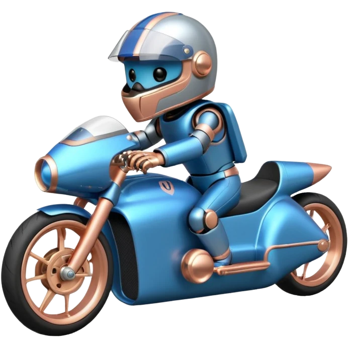  Metallic blue and rosegold-accented  racing car for furry-faced grey bearded evil scary robot teddy bear and passenger with custom aero body and rear wing and motorcycle-sized wheels  emoji