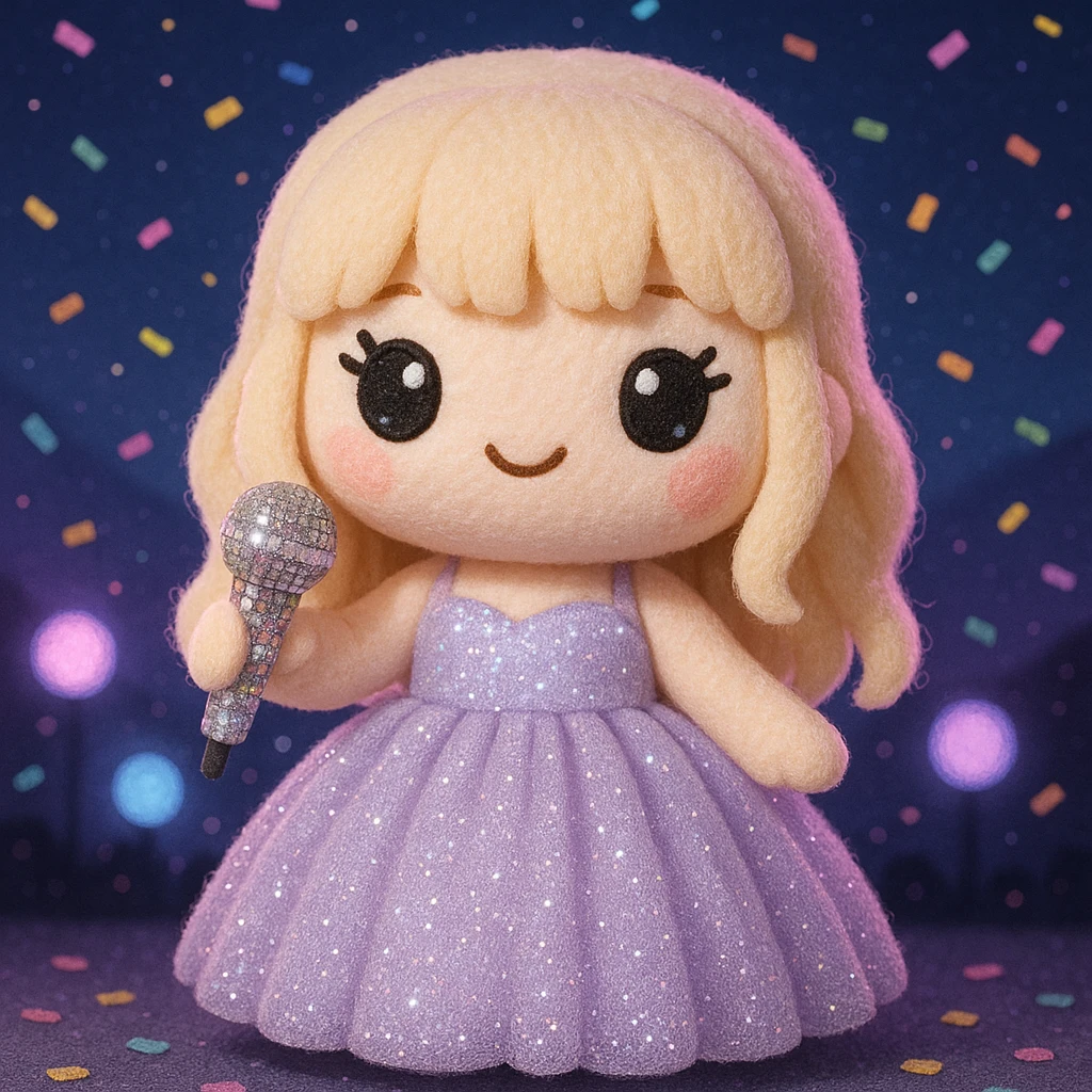Pretty and girly Blonde pop star with bangs wearing a sparkly tulle light purple ballgown, holding a bedazzled microphone, reimagined as a soft kawaii plushie doll, with a nighttime concert backdrop with colorful confetti emoji