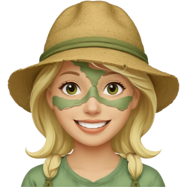messy green clay mask and tourist hat blond woman  smiling and clay mask on full face emoji