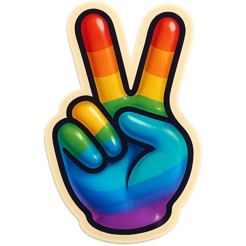 a peace sign hand gesture with rainbow colors, retro sticker style emoji