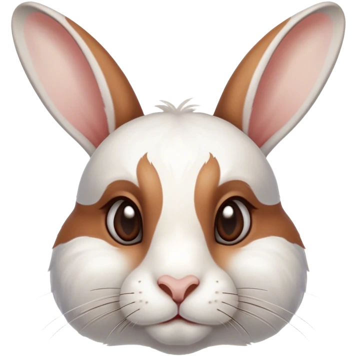 Cinematic Noble White and Brown Rabbit Portrait Emoji, Poised and regal, with a balanced, compact build and a beautifully patterned fur of pristine white accented by rich brown patches, long, alert ears and deep-set soulful eyes, Simplified yet sharp and sophisticated features, highly detailed, glowing with a soft, dignified glow, high shine, intelligent and gentle, stylized with an air of refined charm, focused and attentive, soft glowing outline, capturing the essence of a watchful and confident companion, so majestic it feels as though it could hop out of the screen with effortless authority! emoji