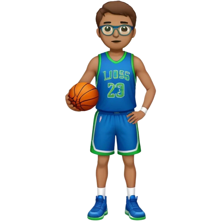 Full Body large white male with brown hair basketball player wearing glasses wearing blue green uniform emoji