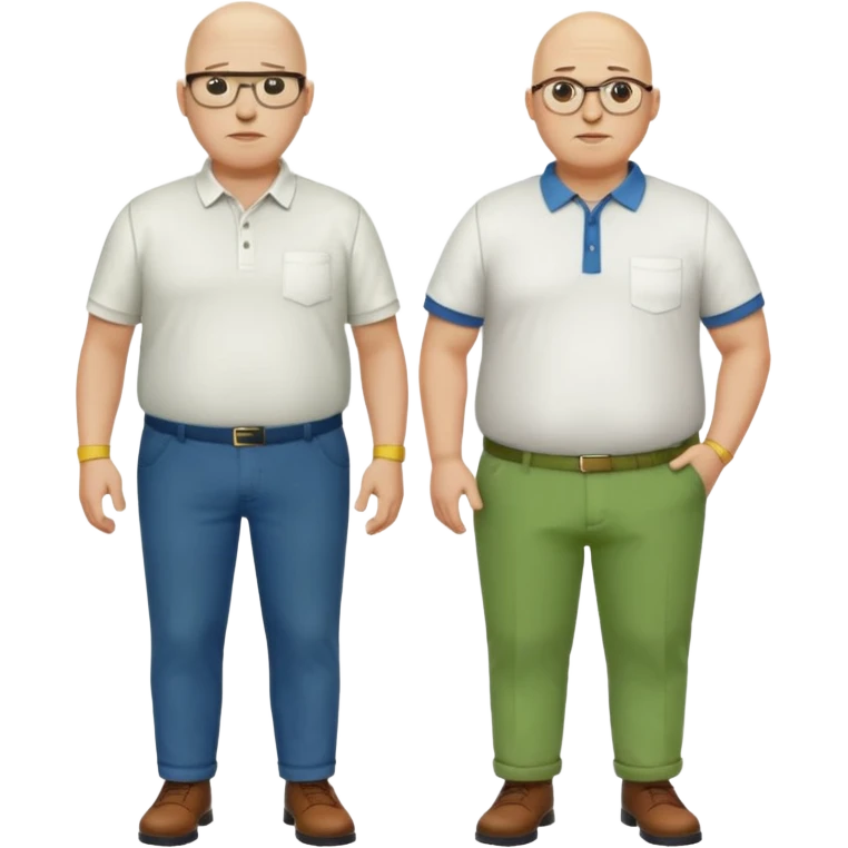 two guys, the first guy is white bald have glases a white dressshirt with rolled up sleeves and green pants he is over weight, The second guy has a yellow skin tone white golf shirt blue jeans and bald they should stand next to eachother emoji