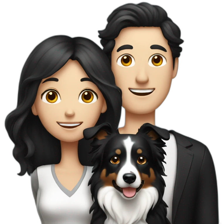 Family formed by a White man on hat and a White woman with long black hair and one small black dog border collie emoji