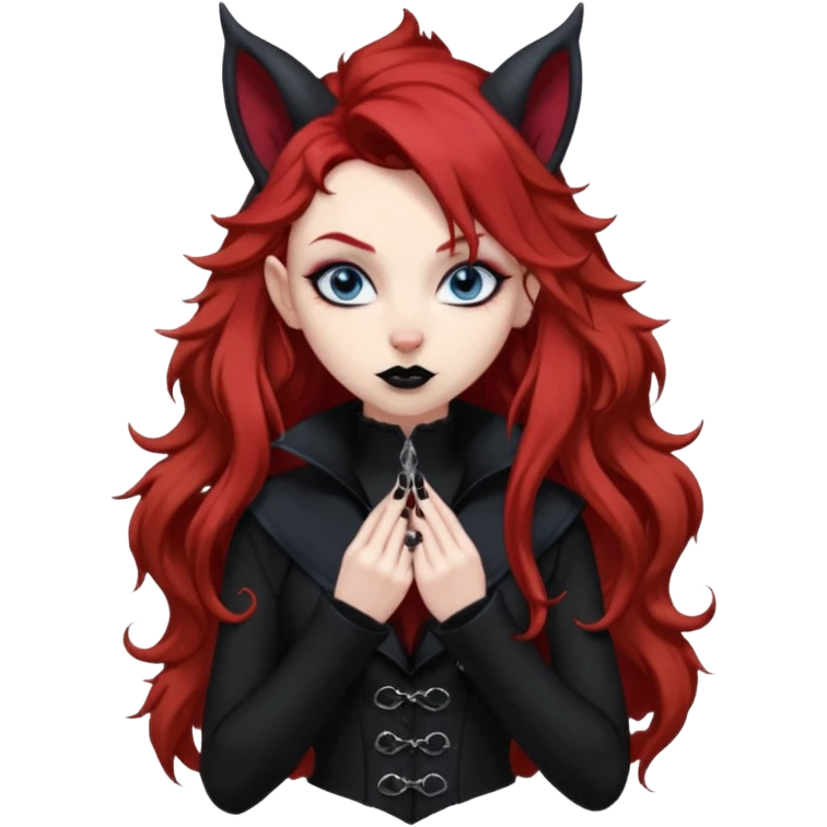  long curly red hair (darker), red pointed ears with black trim, black goth outfits, body and face human, blue eyes, more pointy chin, black lipstick, big fluffy red squirrel tail with black tips, like the attached photo with more outfits and poses,  emoji