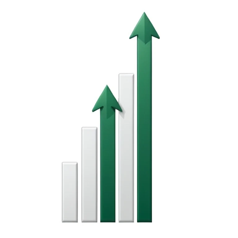 minimalist growth chart with white bars and dark green shadows and details, dark green arrow passing above bars without overlap, clean iOS emoji style, no faces or smileys, white background emoji