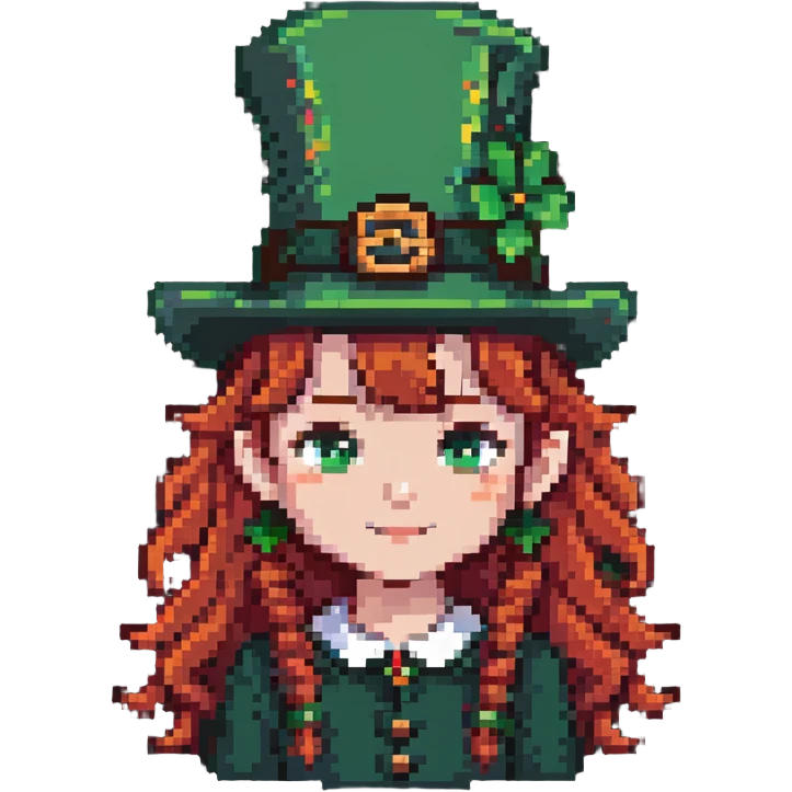 girl with red hair and brown eyes with a leprechaun emoji