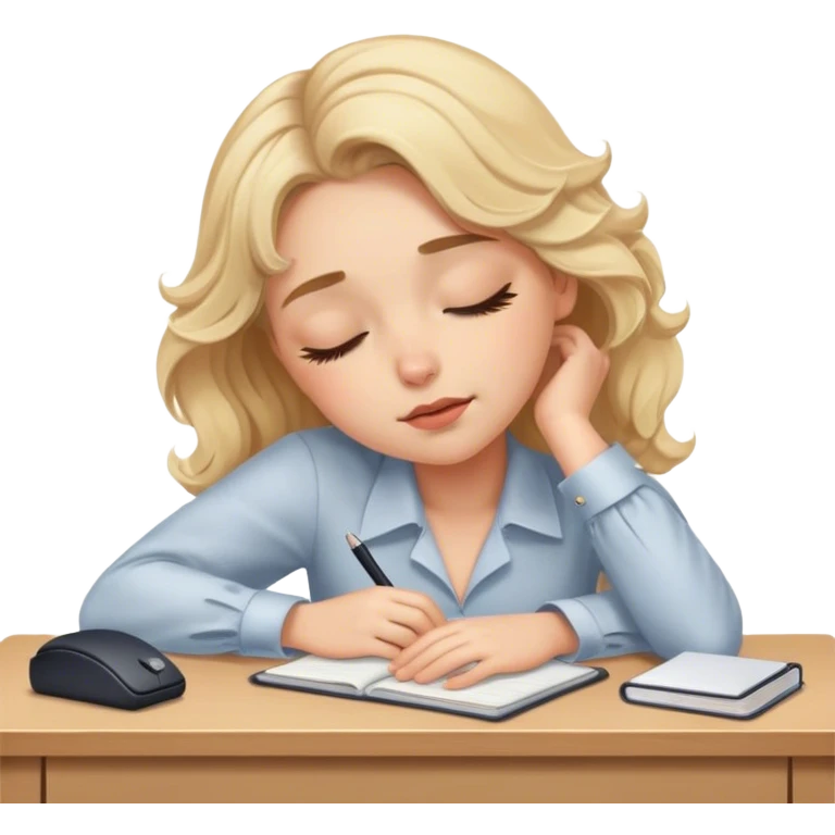 Pretty blonde model, brown eyes, soft wavy hair, falling asleep at desk emoji