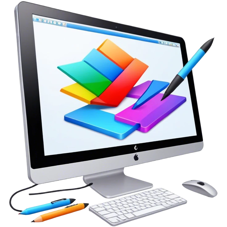 Computer graphics icon, large monitor with graphic design software open, graphic tablet, stylus, vibrant colors, minimalistic style, clean lines, transparent background. emoji