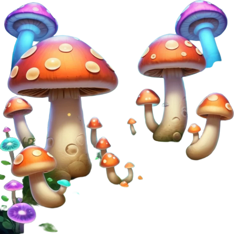  "A whimsical mushroom world filled with giant glowing mushrooms, soft bioluminescent spores floating through the air, and friendly oversized snails with colorful spiral shells exploring the landscape. Fantasy atmosphere, vibrant colors, dreamy lighting, highly detailed emoji