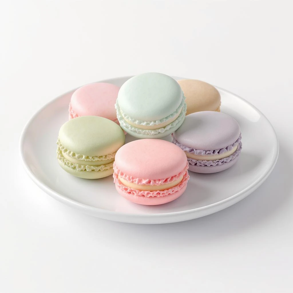 3D model of colorful macarons arranged on a plate, smooth realistic textures, vibrant pastel colors, iOS 18 style, matching reference image emoji