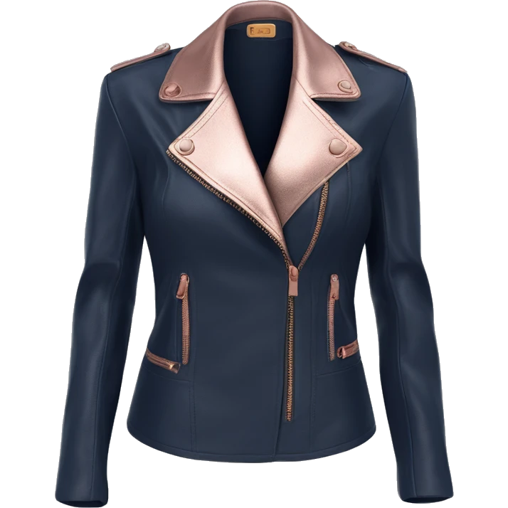  Realistic isolated open front Navy blue leather fashion jacket with rose gold fasteners.  emoji