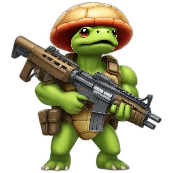 Strong muscles Mushroom turtle with a machine gun with turtle shell on helmet emoji