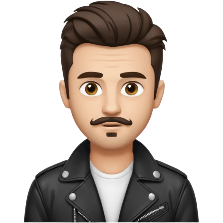 generate emoji style guy with slick James dean hair with front tendrils, mustache and goatee facial hair, wearing a white shirt and a black leather jacket , several silver piercings in ear, with dark brown hair and make eyes more almond shaped inspired by the image I shared emoji