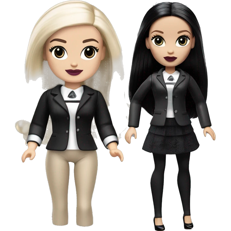   Hostess Wednesday Addams Barbie.  very light skin face. Black lipstick and eyeshadow. Earrings matching necklaces. Long silky raven hair.  Silk pajama separates black high heel.  emoji