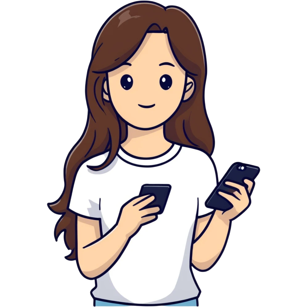 girl with long brown hair wearing a white top holding a smartphone emoji