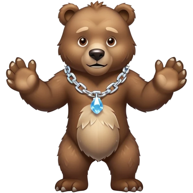 Fierce brown bear walking on four paws with an ice chain necklace, frozen chain links made of crystal clear ice, serious face emoji