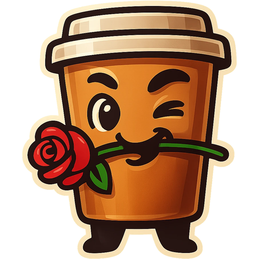 Tall coffee cup, rose in mouth, wiggle eyebrow, smirk emoji