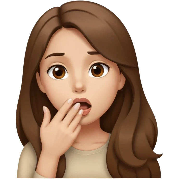 Girl with long brown hair making a dramatic gasp, hand on mouth, elegant beige cartoon style emoji
