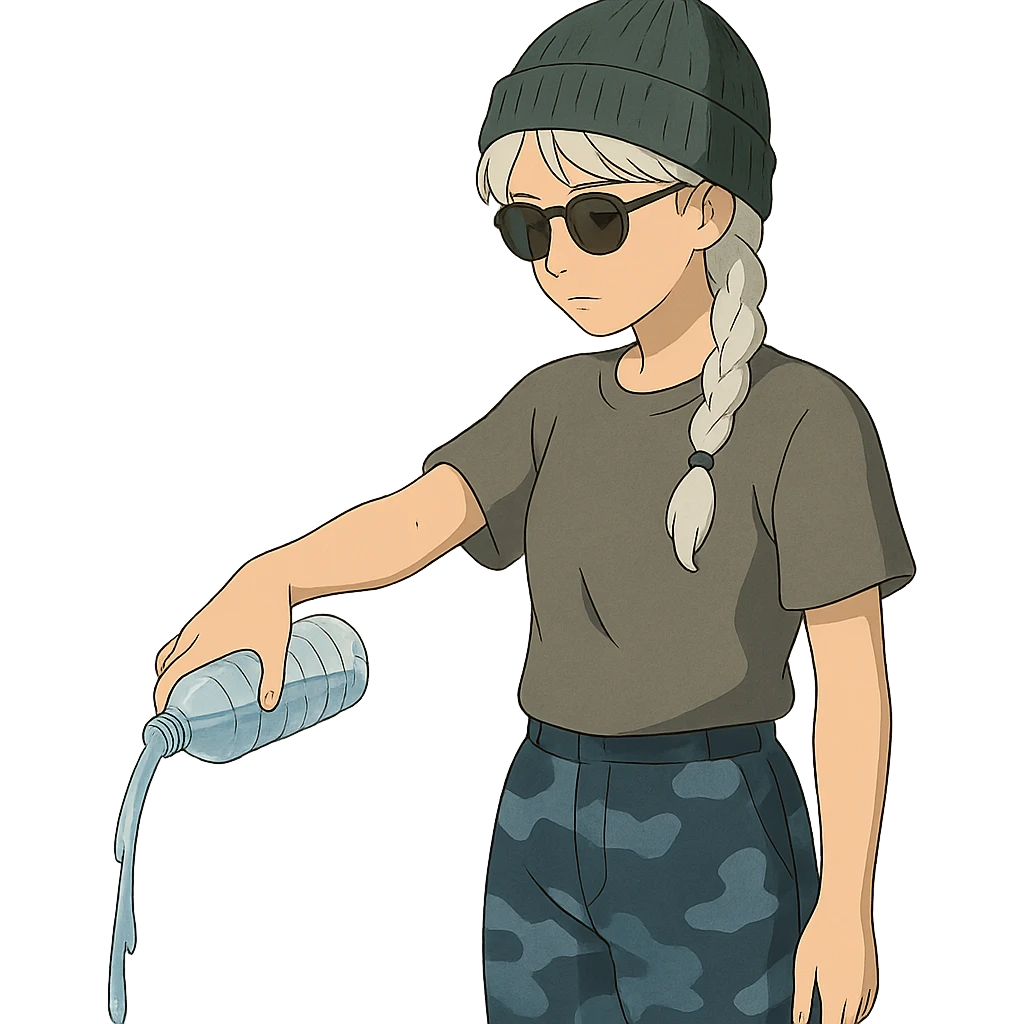 1 female, long white braid, knit cap, dark sunglasses, GRAY T-SHIRT, blue camo pants, gazing slightly down, POURING OUT A WATER BOTTLE on the ground emoji