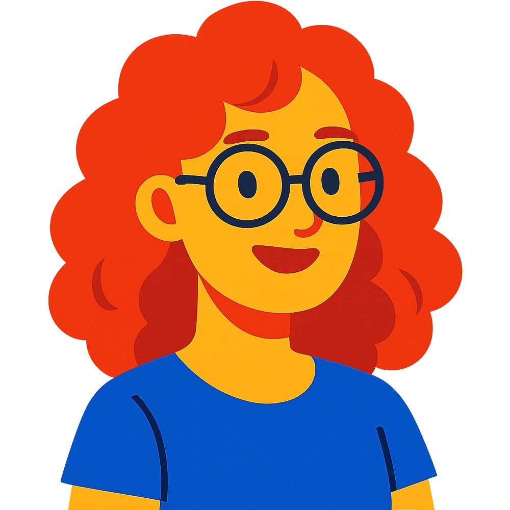 red-haired woman with curly hair, glasses emoji