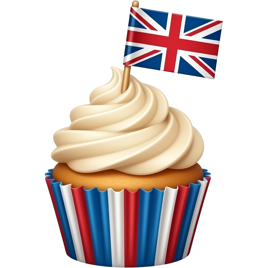 Elegant cupcake with small Union Jack topper, isolated, centered, no background, no table, no scenery, no text, soft cream frosting, refined red white and blue accents emoji
