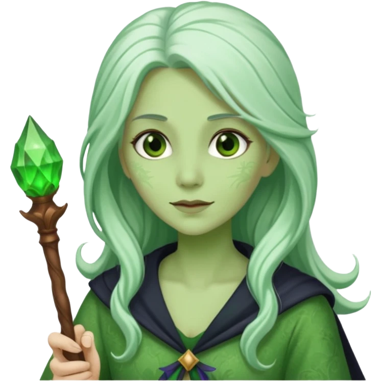 Woman with green skin color with white color long hair and carrying a magic wand emoji