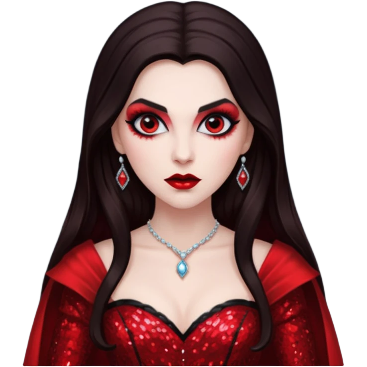 Bride of Dracula with long dark brown hair, red sequin outfit emoji