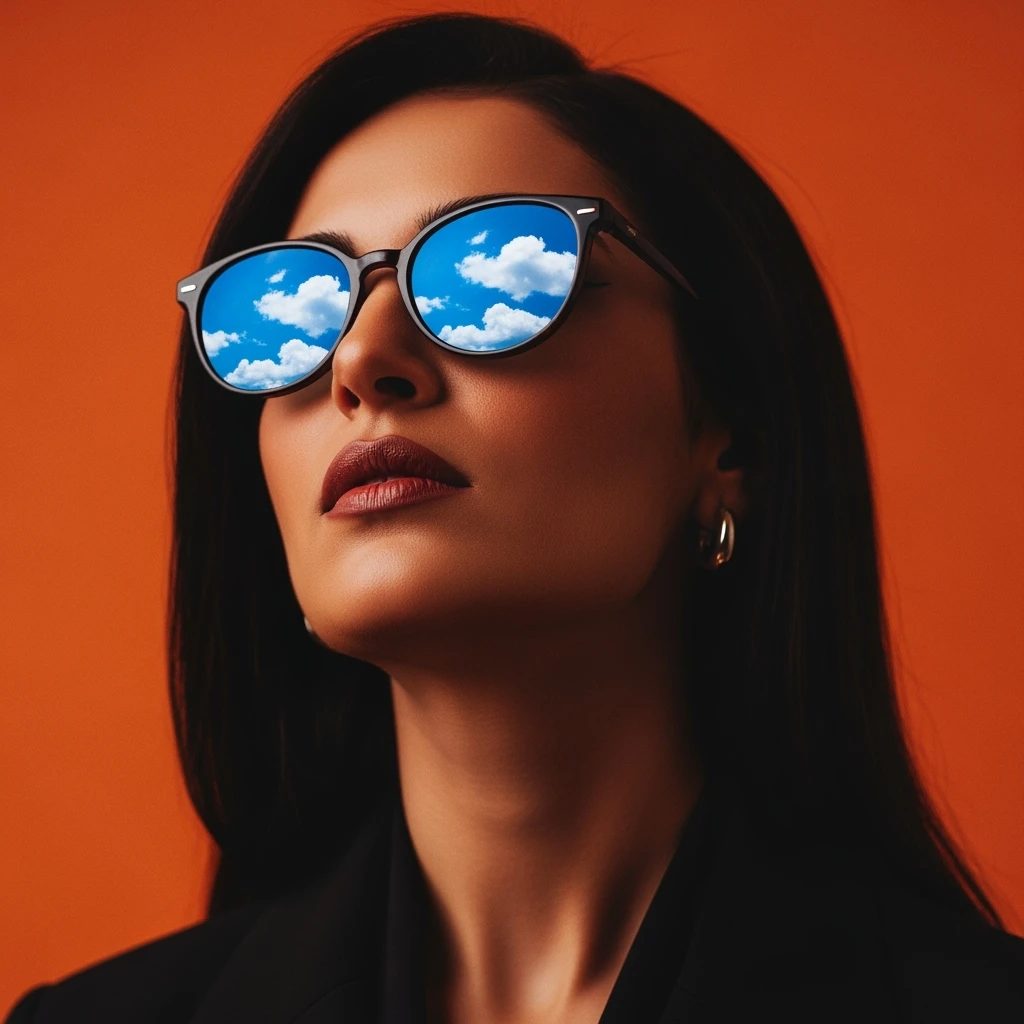 extreme closeup Photo of a beautifull woman with dark hairs and dark uotfit looking up (like villain), orange background, minimalistic, glasses with contrast reflection of blue sky and white clouds  emoji