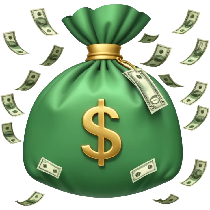

3D emoji style, big bag of money, flying dollar bills, rich casino vibe, smooth lighting, high detail, clean edges, transparent background



 emoji