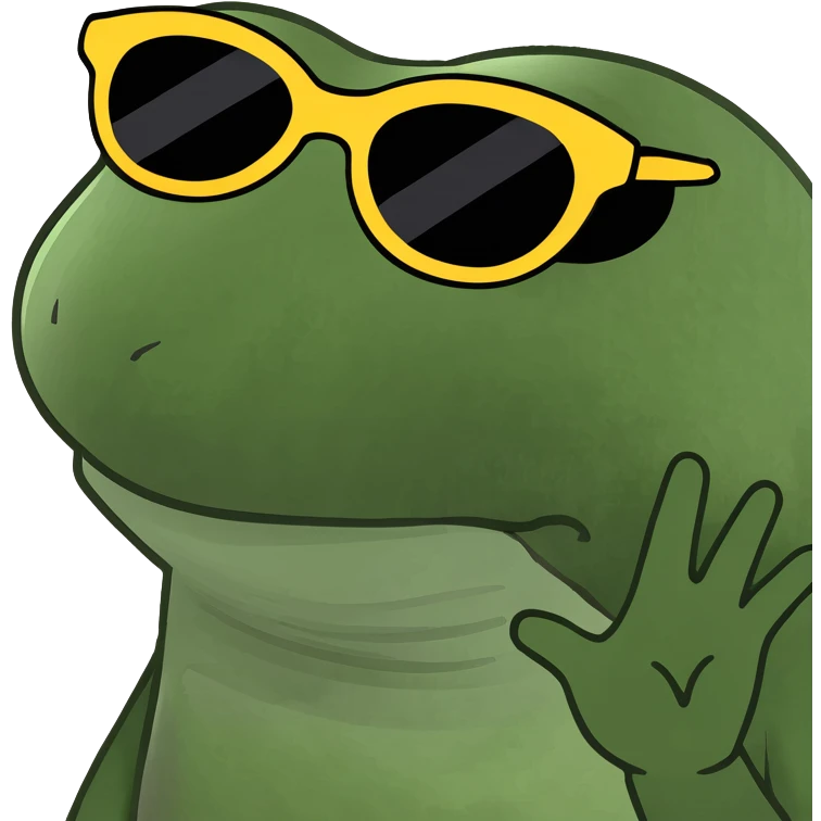 Bufo frog with star-shaped sunglasses, sipping a blue cocktail, in bufo style, transparent background emoji