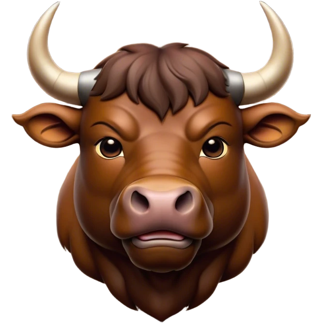 Cinematic Noble Brown Bull Portrait Emoji, Poised and regal, with a massive, muscular build and a sleek, well-groomed rich brown hide, deep-set soulful dark eyes, Simplified yet sharp and sophisticated features, highly detailed, glowing with a soft, dignified glow, high shine, intelligent and formidable, stylized with an air of strength, focused and attentive, soft glowing outline, capturing the essence of a watchful and confident guardian, so majestic it feels as though it could charge out of the screen with effortless authority! emoji