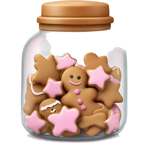 Realistic glass cookie jar with light pink lid full of gingerbread cookies isolated.  emoji