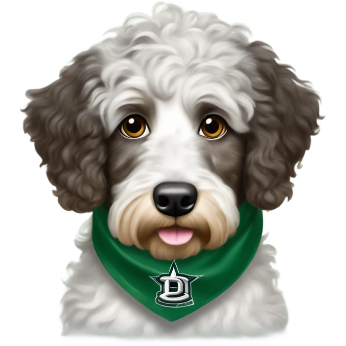 Merle Aussiedoodle wearing a bandana with the NHL Dallas Stars hockey team logo emoji