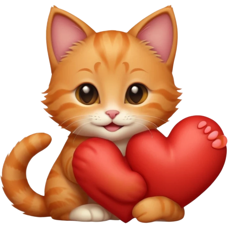The ginger kitten is hugging a heart, very happy and smiling, he has a very beautiful face. emoji