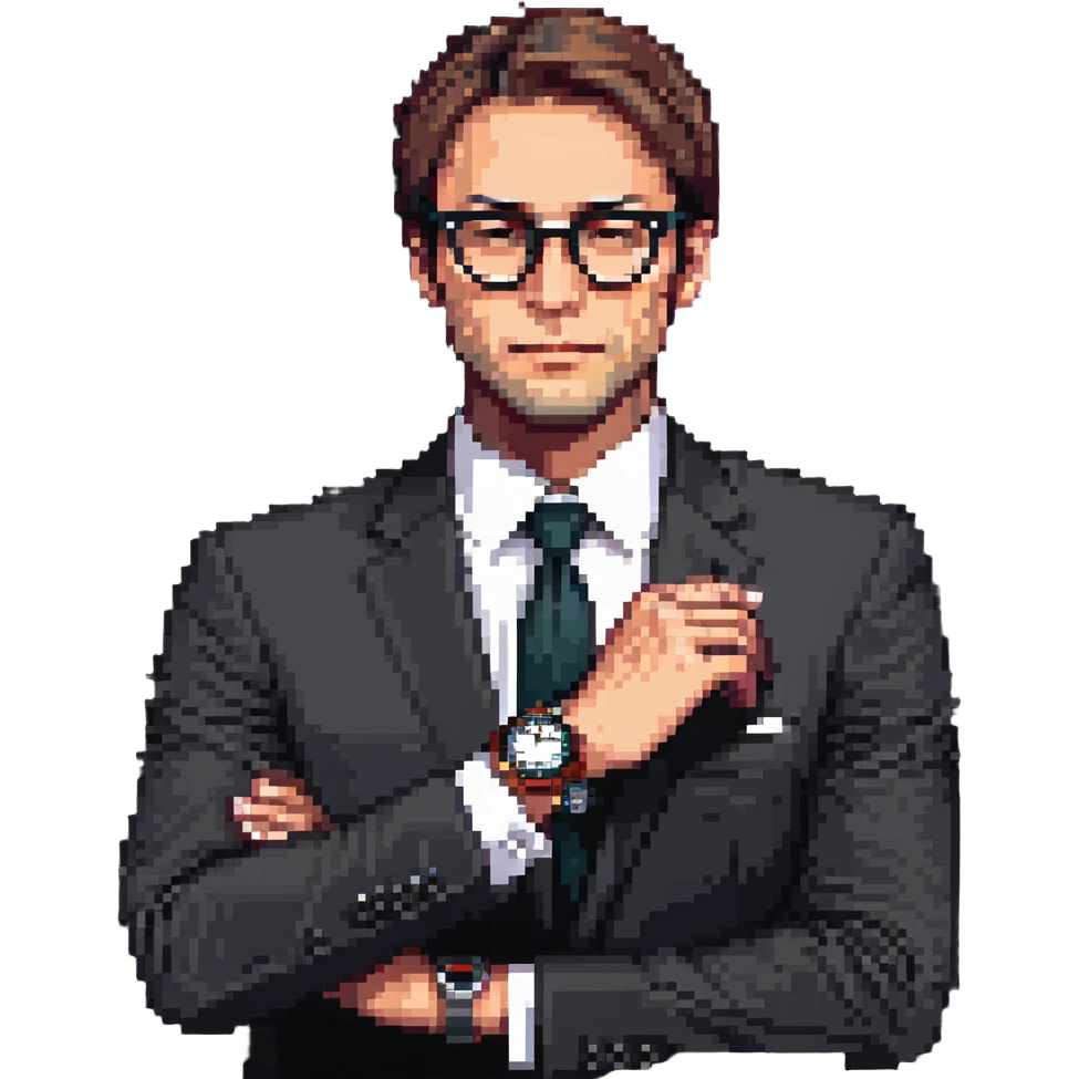pixel art image of a businessman in a suit, waist up, hand under chin, looking to the side thoughtfully, wearing stylish glasses, luxury watch visible on wrist, contemplative and curious mood, clean background emoji