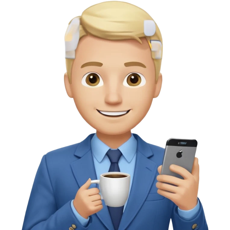 Confident and outgoing male entrepreneur, Caucasian features, blonde hair, big friendly smile, expressive eyes, defined eyebrows, wearing a blue blazer over a light blue shirt, holding a smartphone in one hand and a coffee cup in the other, waist-up, front-facing emoji