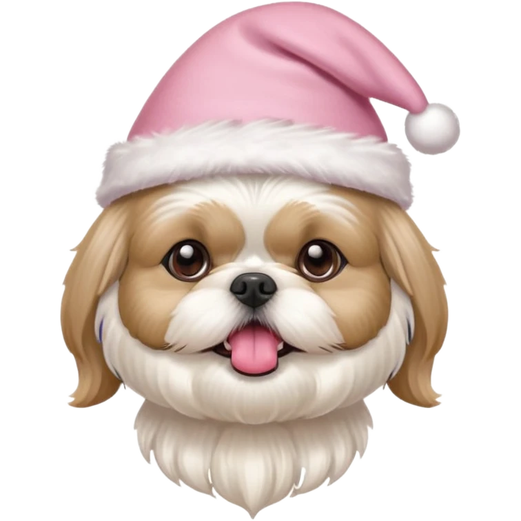 one white all over little shih tzu dog with tongue hanging out sitting with light pink christmas hat emoji