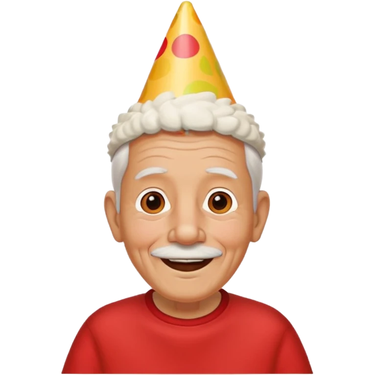 old man with warming smile, red shirt and birthday cone on his head emoji