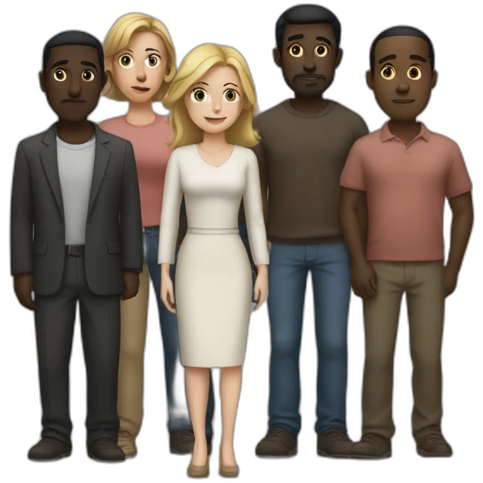 six dark-skinned men stand behind a pale woman emoji