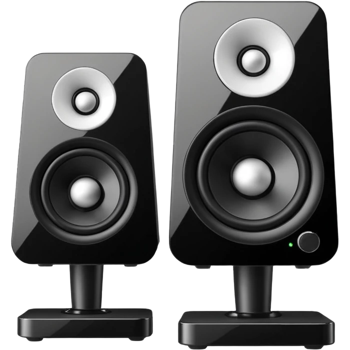 Single black desktop speaker with glossy front, one large white cone with black center, small volume knob, clean white background, studio product photo. emoji