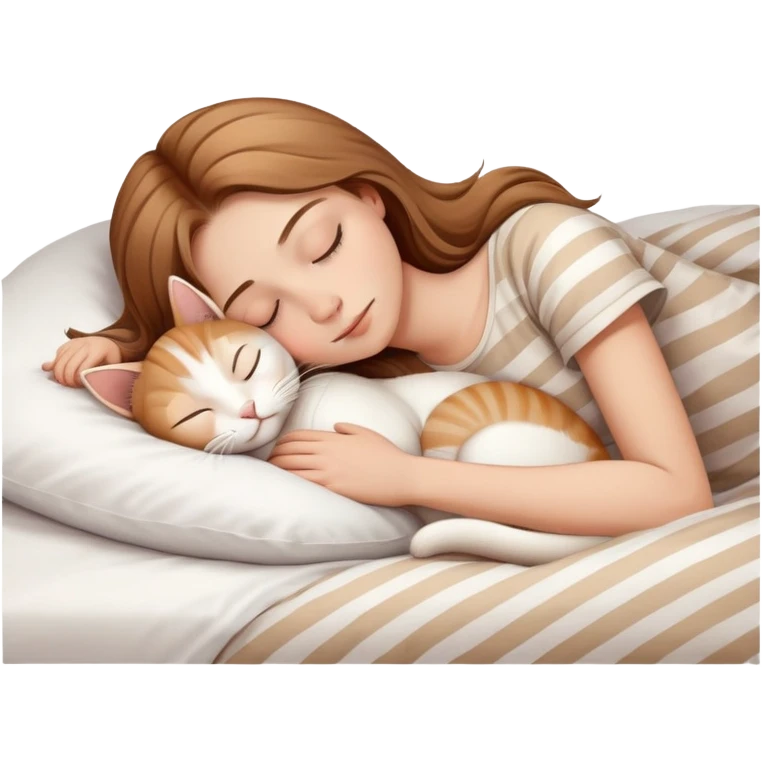 side view light brown haired teenage girl sleeping with white cat that has beige stripes on a white pillow with white sheets emoji