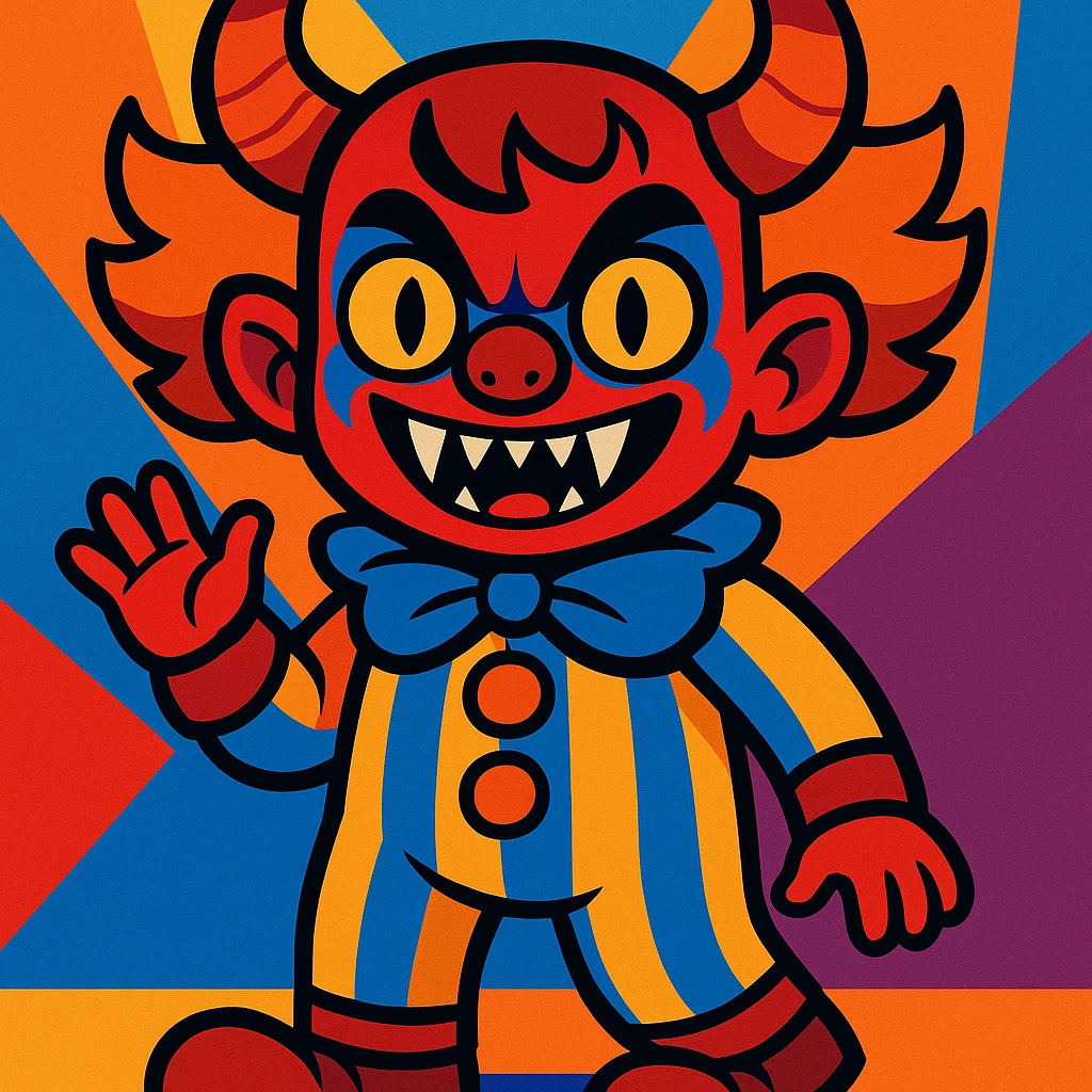child demonic clown with horns and fangs, vibrant cartoonish style emoji