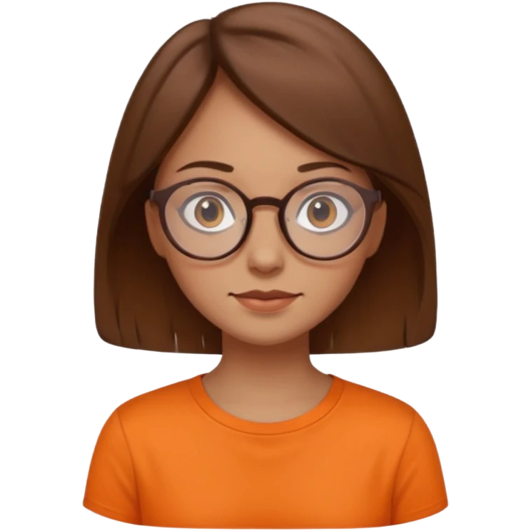 brown hair woman with round glasses orange shirt no smile emoji