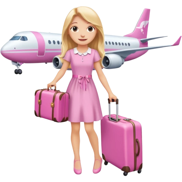 Девушка со светлыми длинными волосами счастливая в платье с розовым чемоданом в руках на фоне самолета emoji
